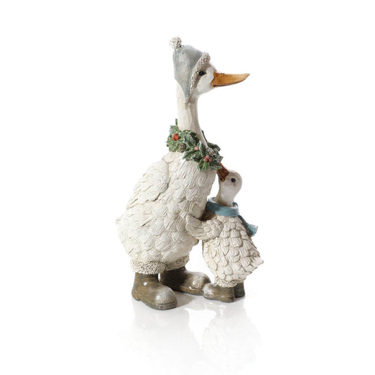 Christmas Goose and Gosling Figure | Resin decoration of an adult goose wearing a holly wreath and a gosling wearing a scarf and boots | UK seasonal animal ornament