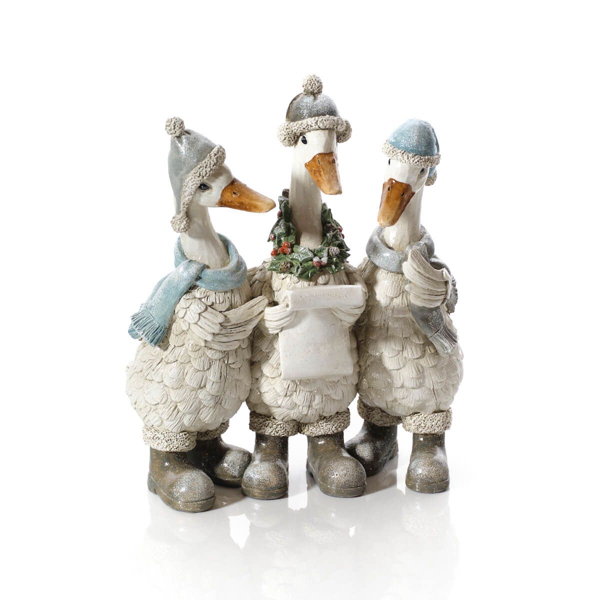 Christmas Carolling Goose Figure Trio | Resin decoration of three geese wearing knitted hats, scarves, and boots, holding a song sheet UK
