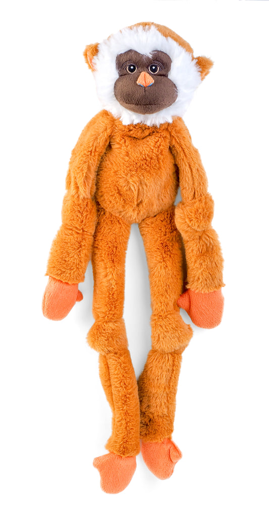 Plush monkey toy with orange fur and white face on a white background
