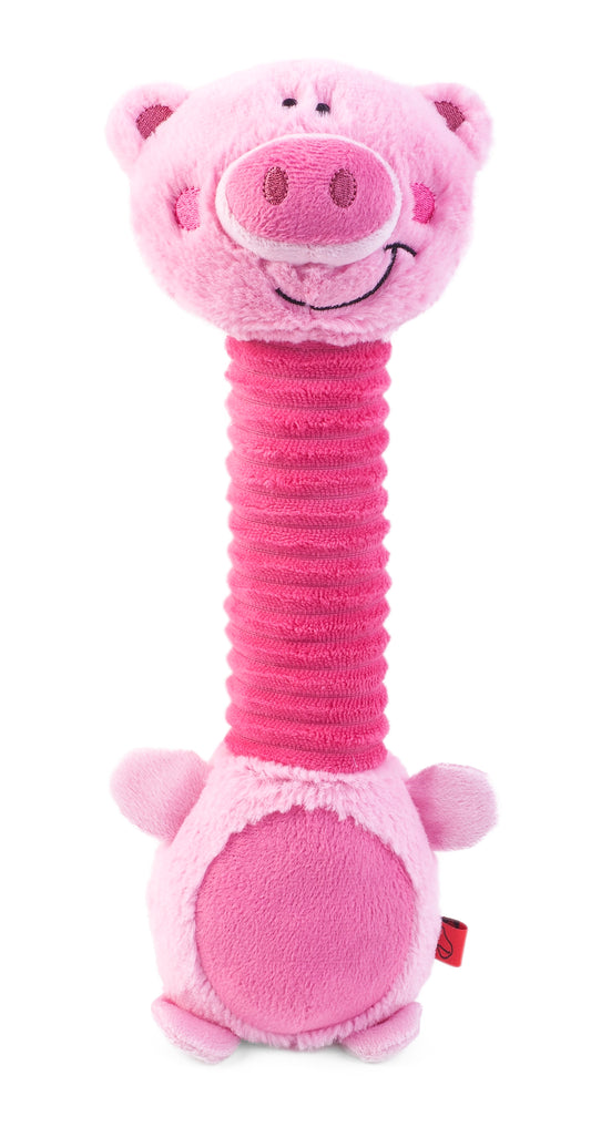 Pink plush toy shaped like a pig on a white background