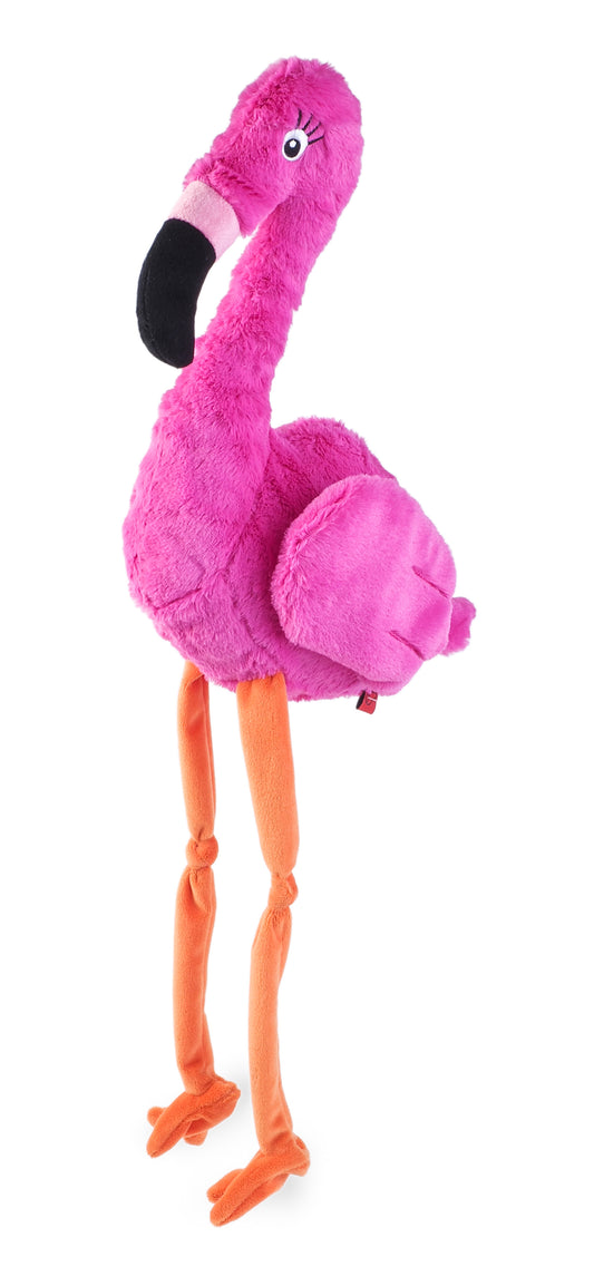 Plush flamingo toy on a white background