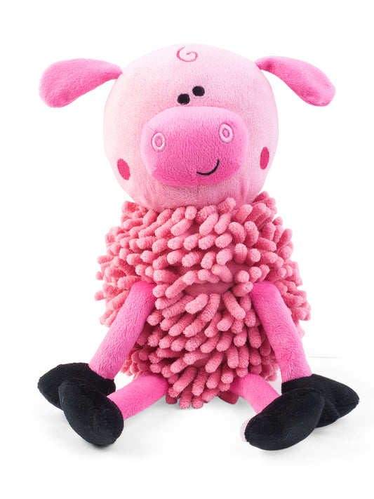 Pink plush toy with a textured body on a white background