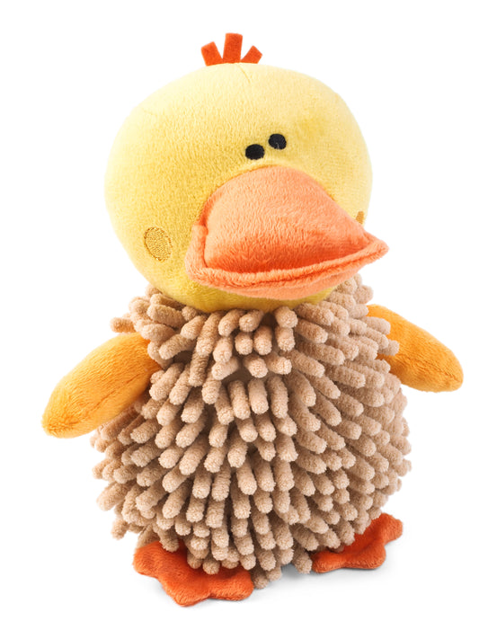 Plush duck toy with textured body on a white background
