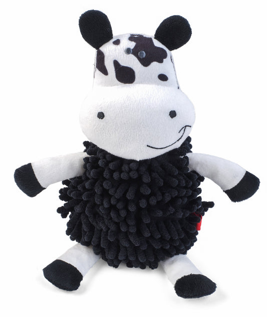 Black and white sheep-shaped toy with a cow-patterned hat on a white background