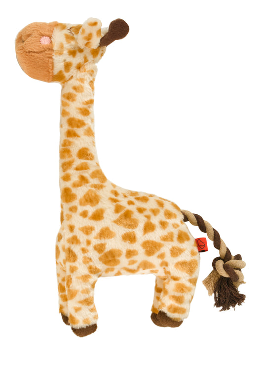 Plush giraffe toy with a rope on a white background
