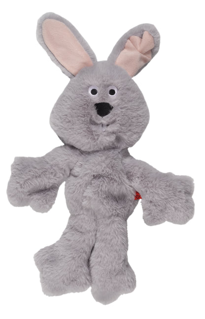 Gray plush toy resembling a rabbit on a white background