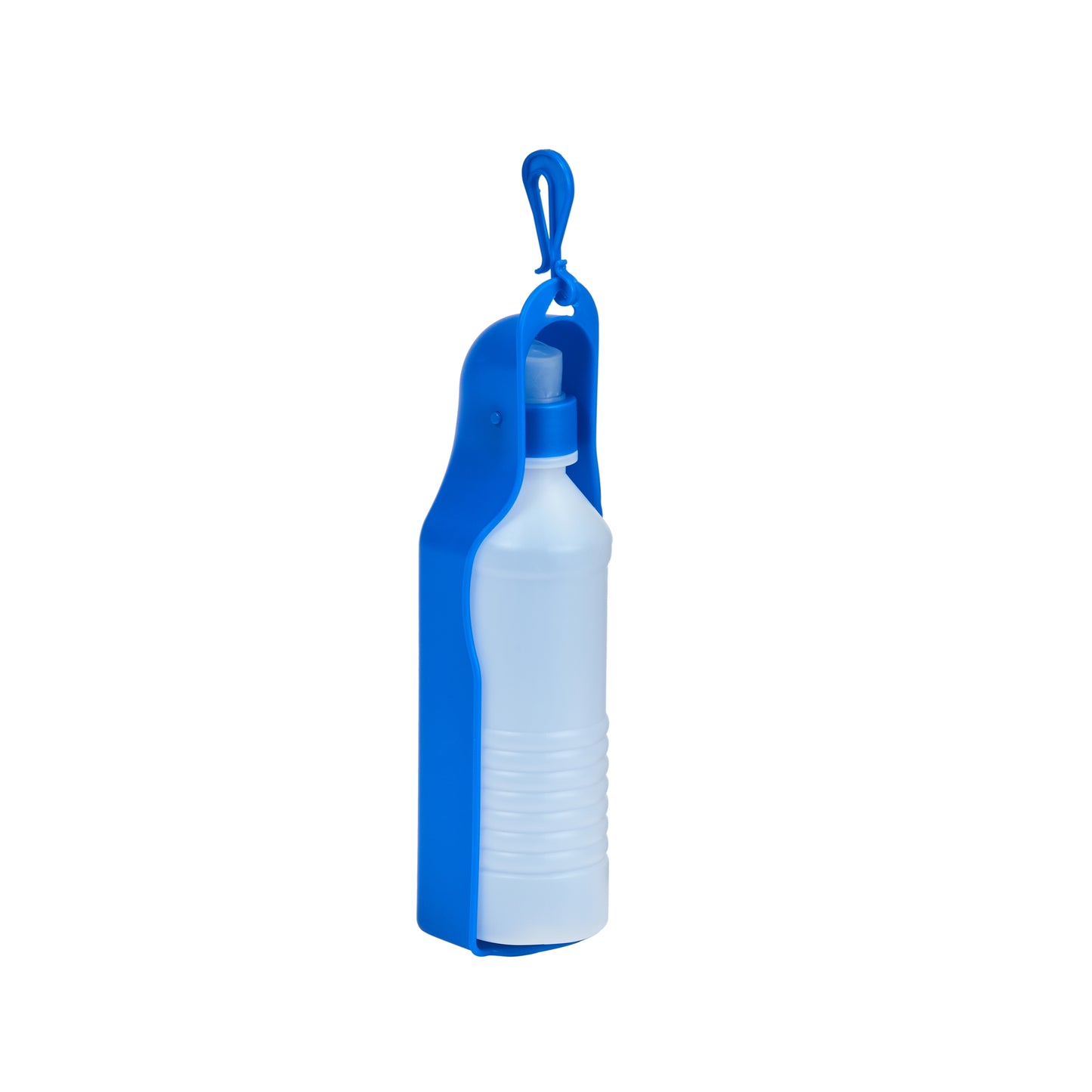 Blue and white spray bottle with a hook on a white background
