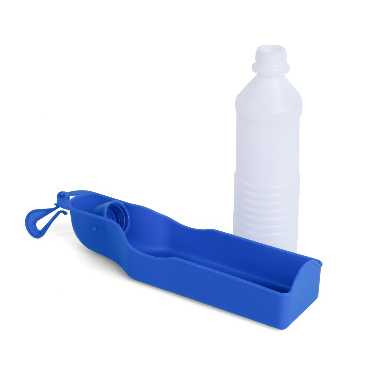 Blue silicone water bottle holder with a white water bottle on a white background