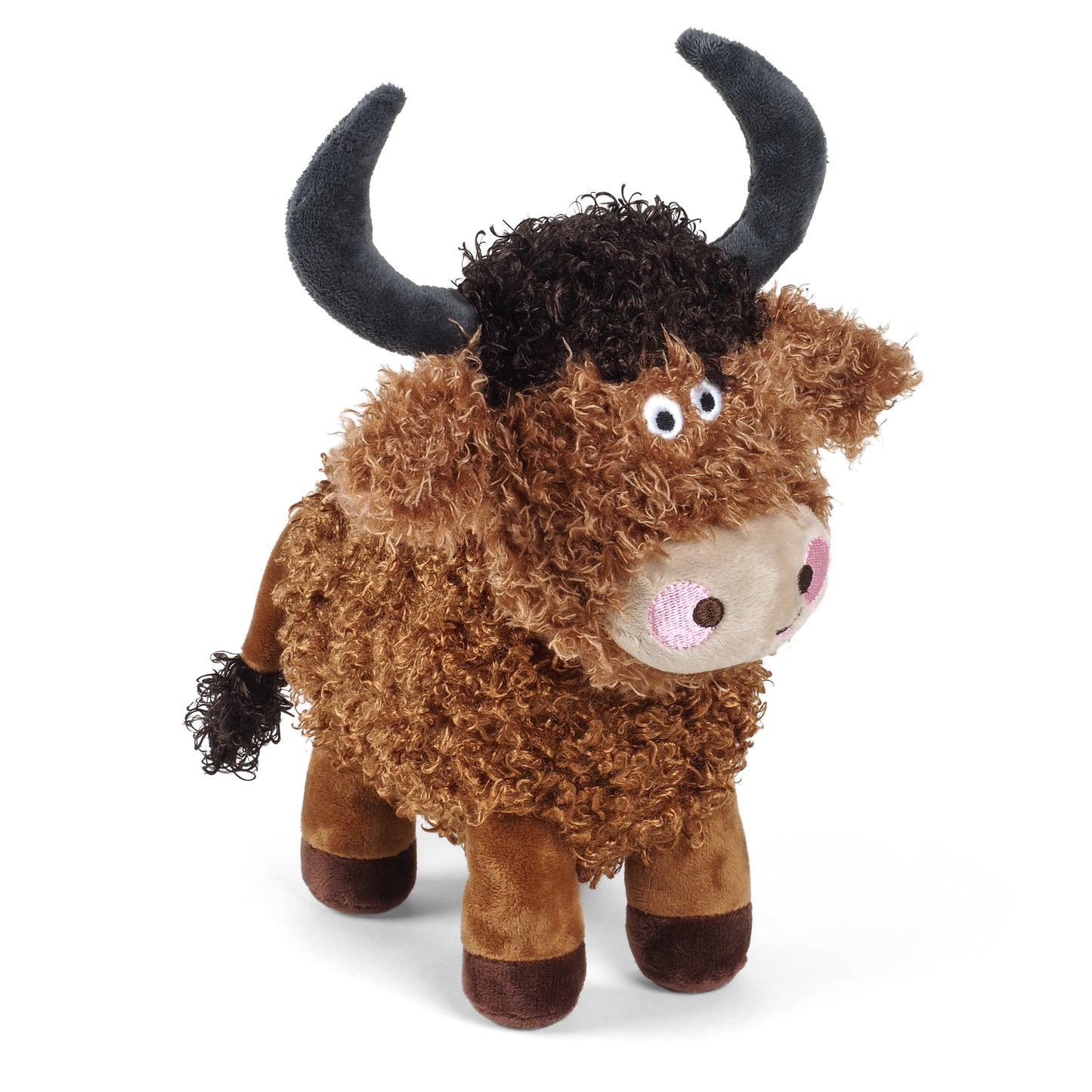 Plush toy of a brown yak with black horns on a white background