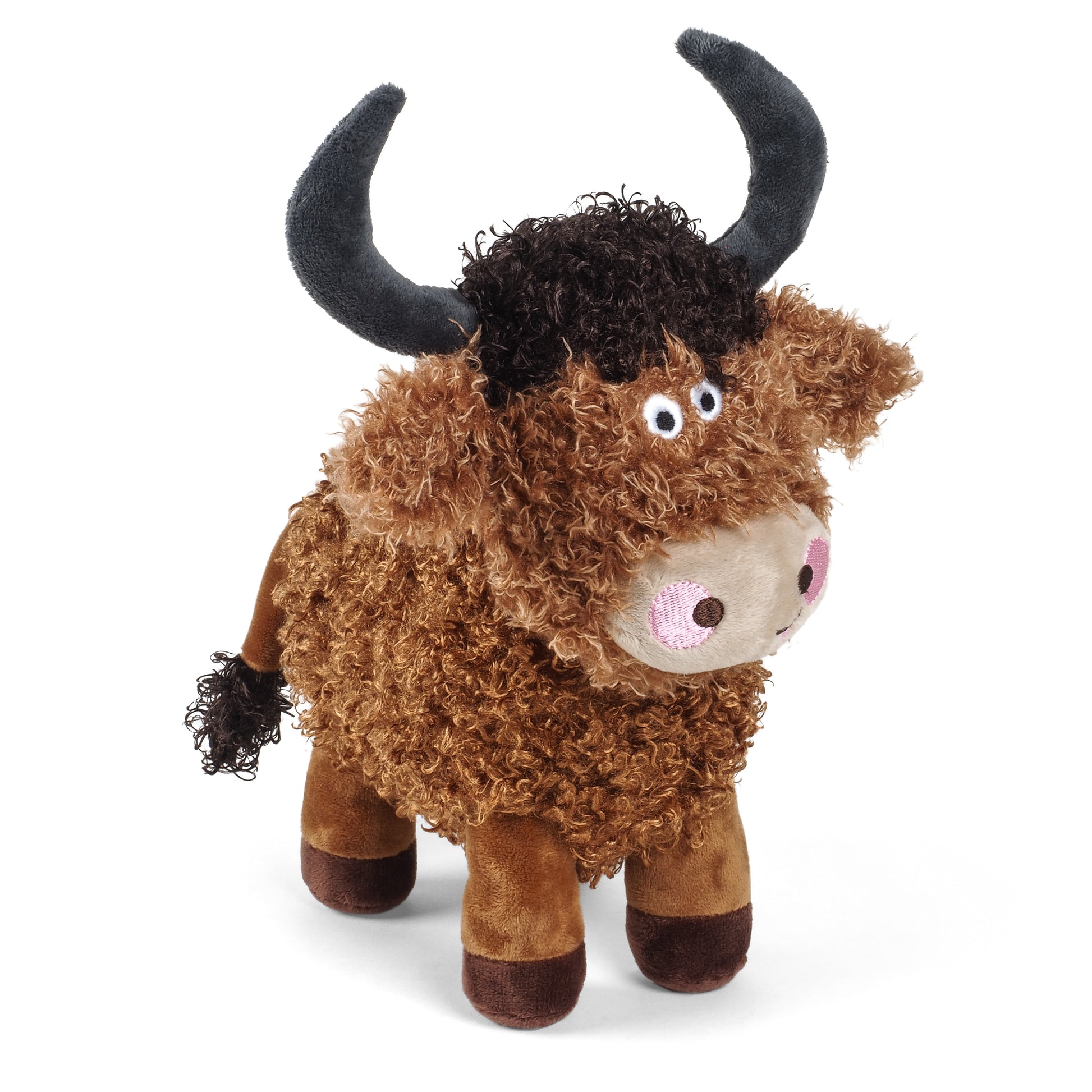 Plush toy of a brown yak with black horns on a white background