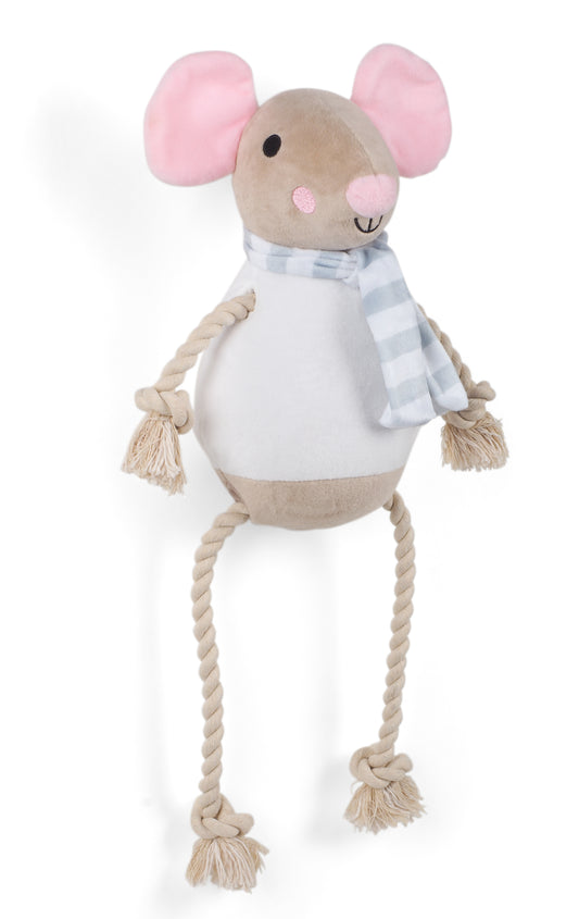 Plush toy mouse with pink ears and a white shirt on a white background