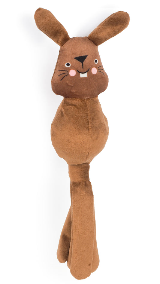 Brown plush toy resembling a rabbit on a white background