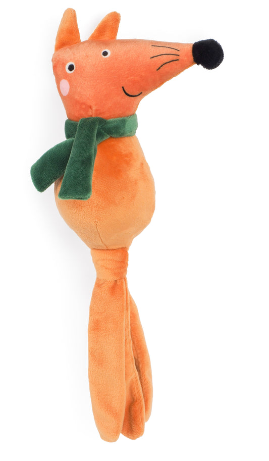 Plush fox toy with a green scarf on a white background