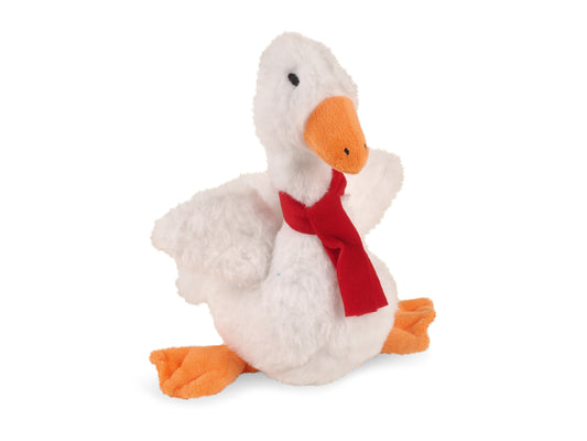 Plush toy goose with a red scarf on a white background