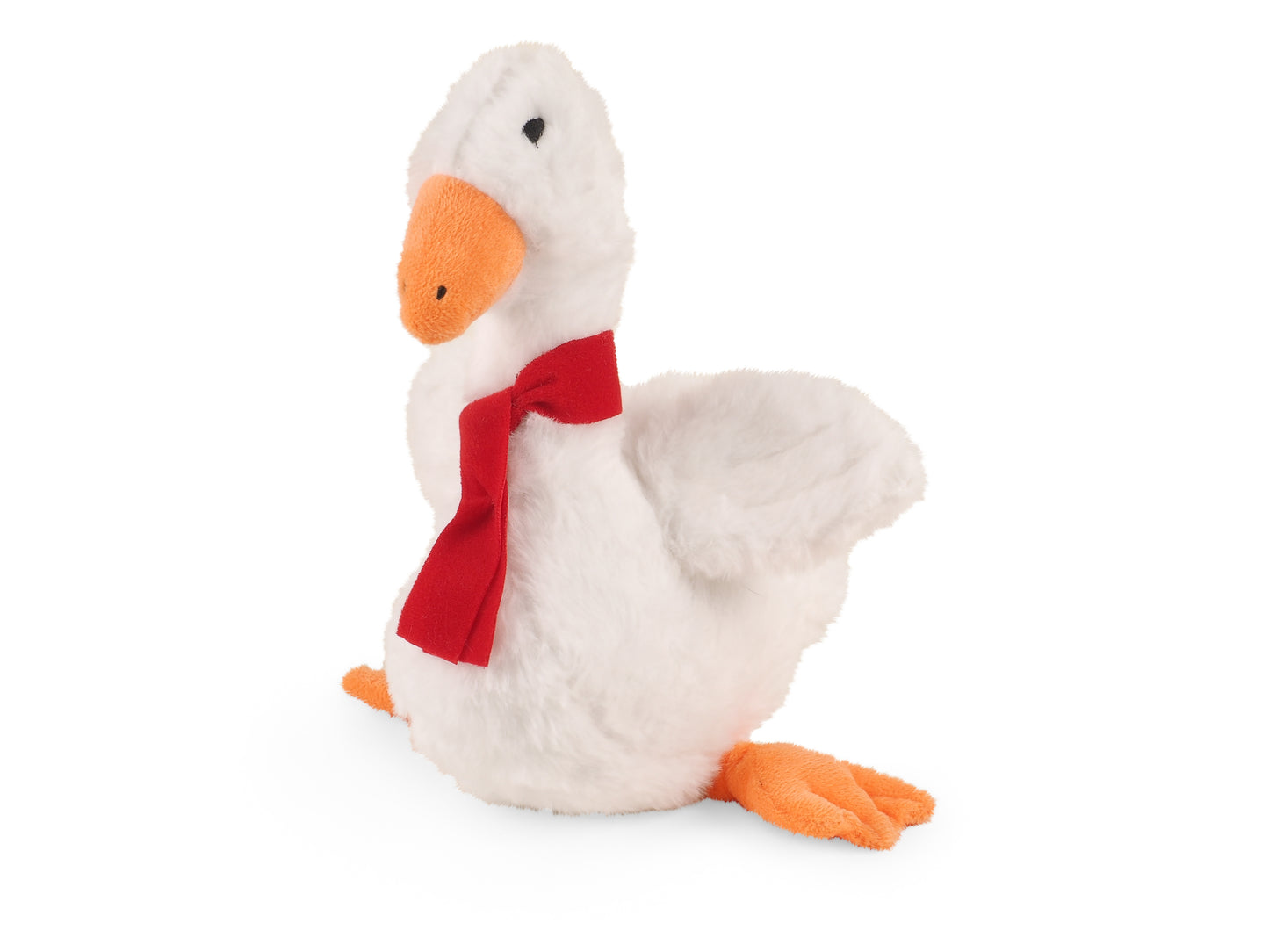 Plush toy goose with a red scarf on a white background