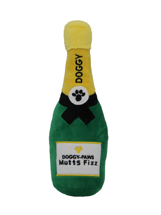 Dog toy shaped like a champagne bottle with 'Doggy Paws Mutts Fizz' text on a white background