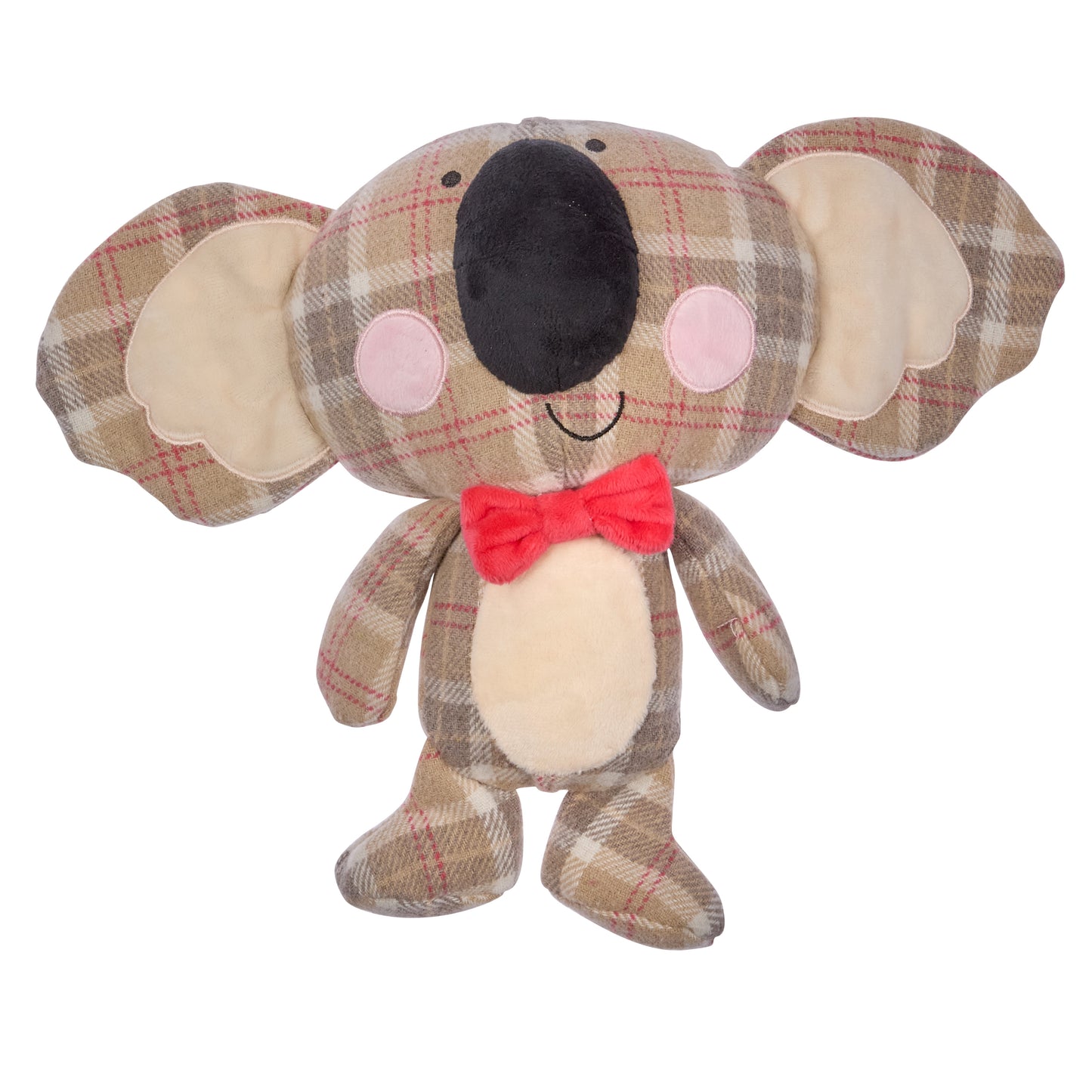 Plush toy koala with a red bow tie on a white background