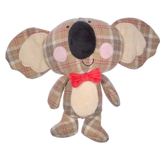 Plush toy koala with a red bow tie on a white background