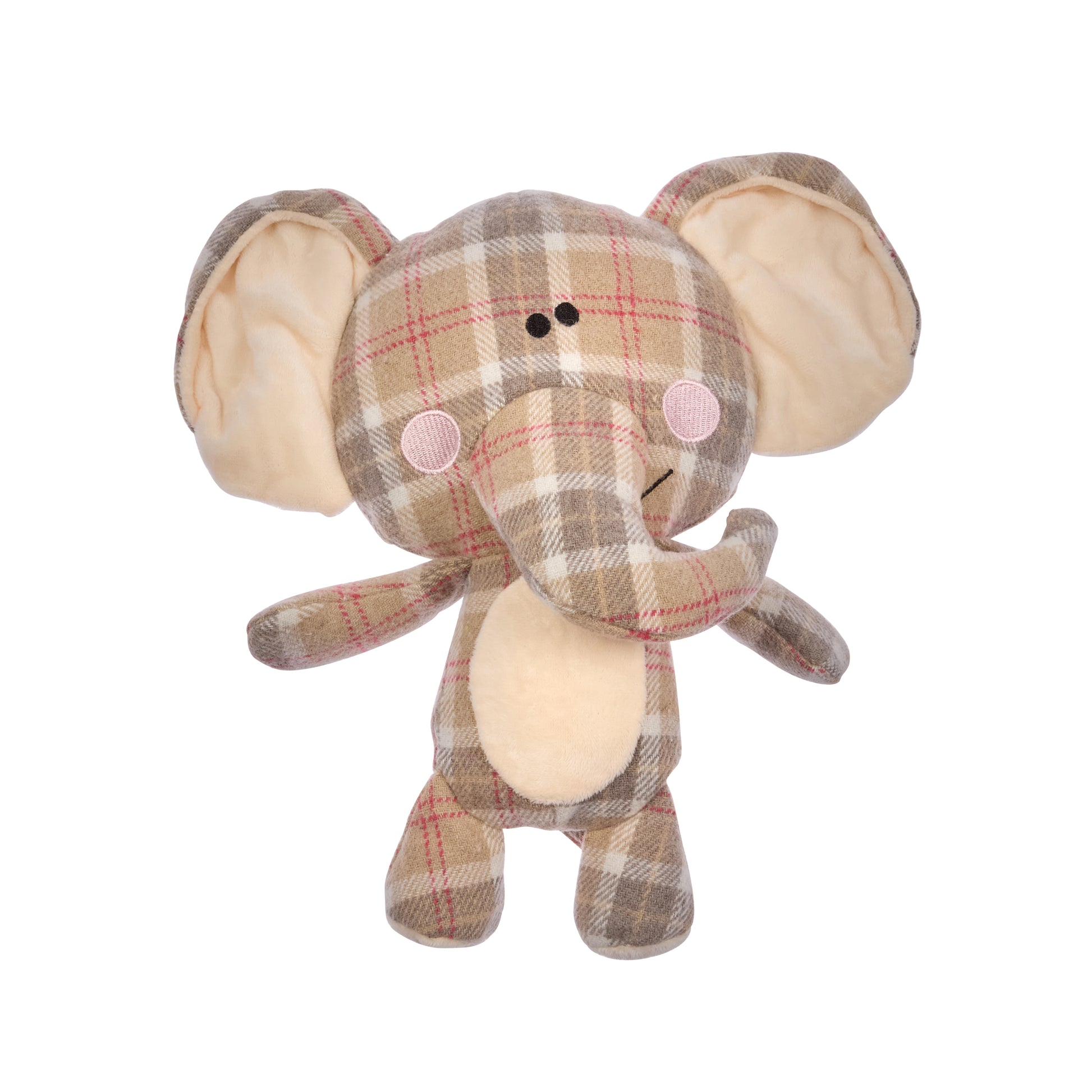 Plaid elephant plush toy on a white background