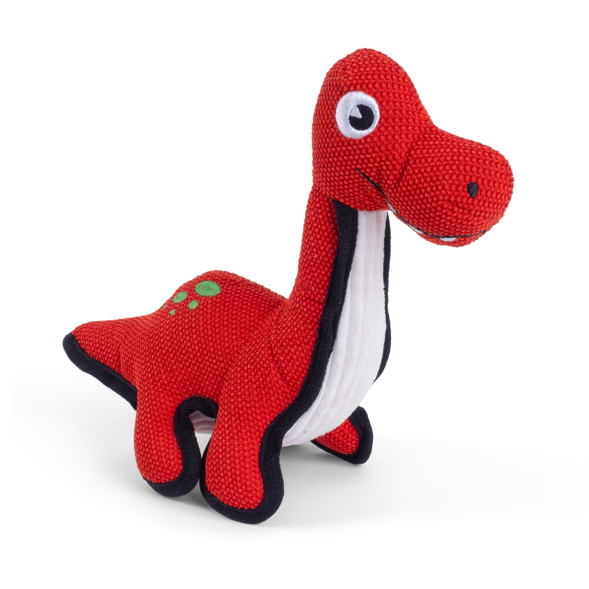 Red dinosaur toy with a white belly on a white background