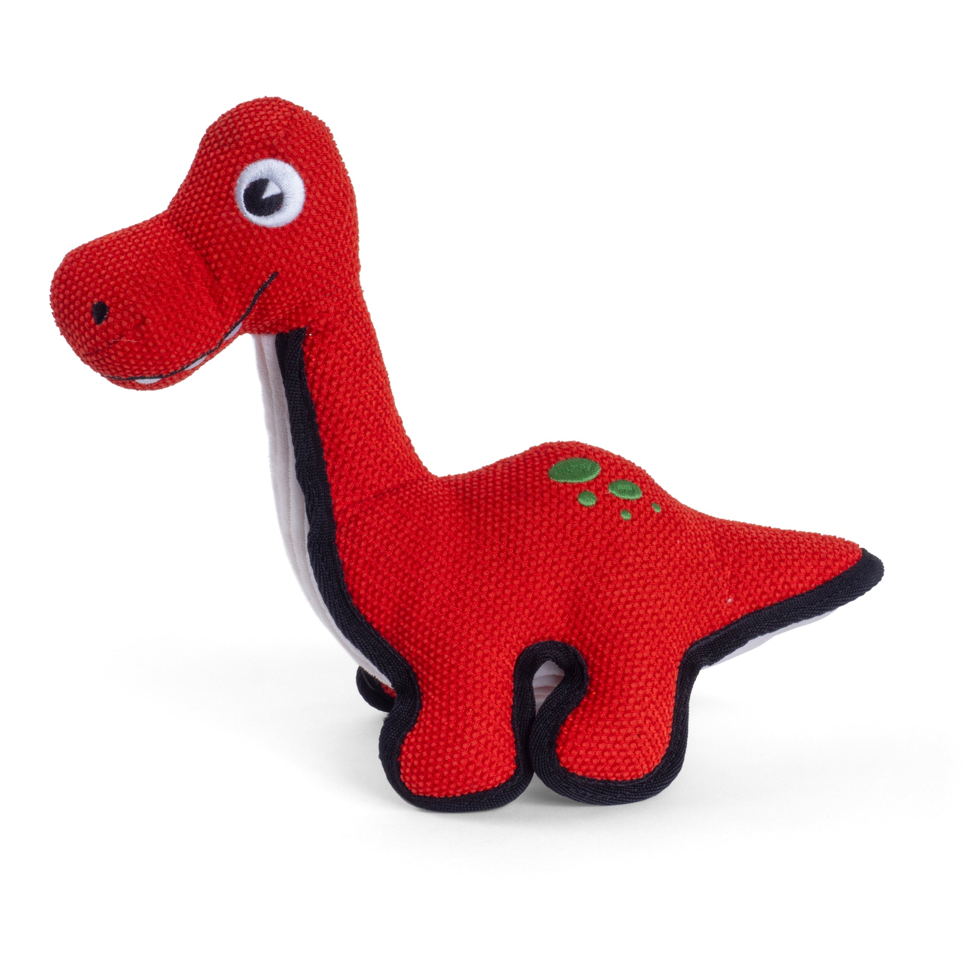 Red dinosaur toy with black accents on a white background