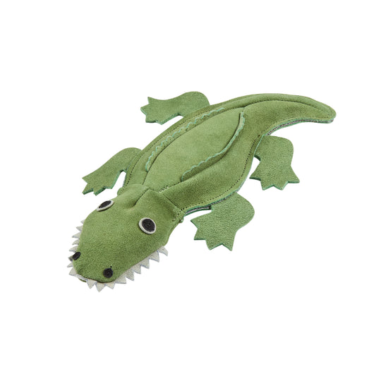 Green alligator-shaped toy on a white background