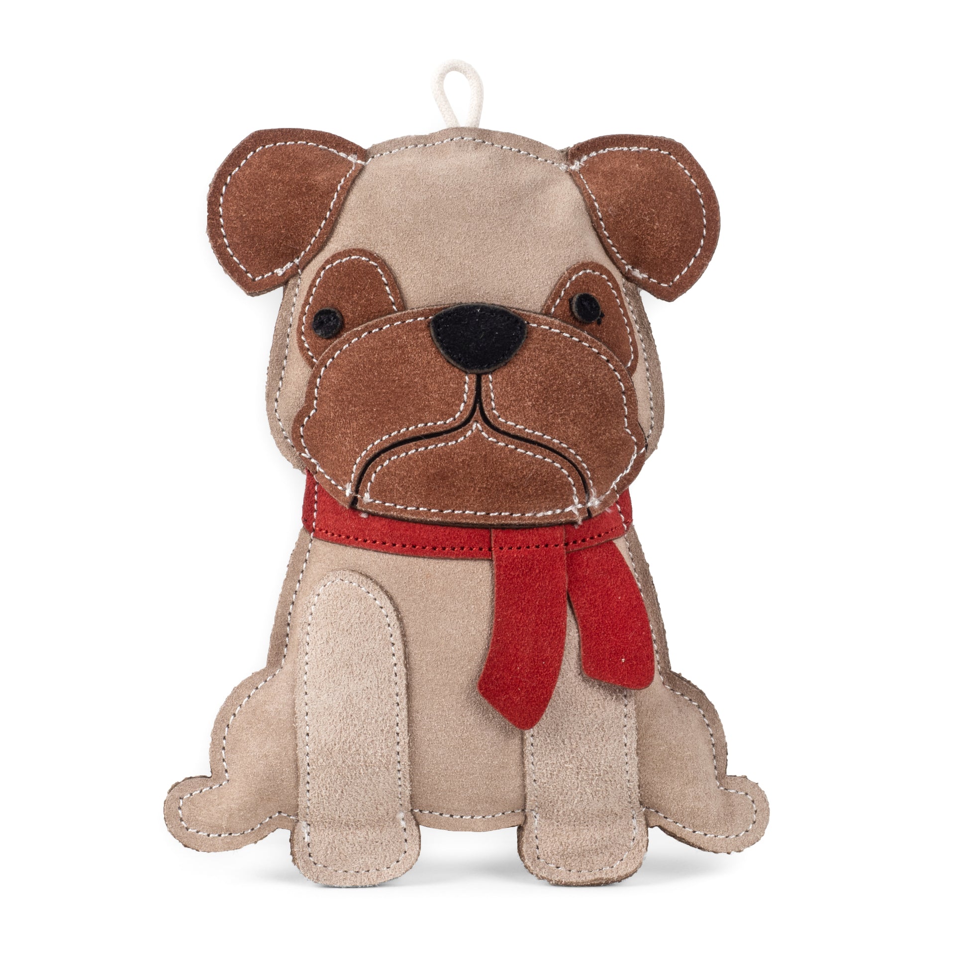 Stuffed dog toy with a red scarf on a white background