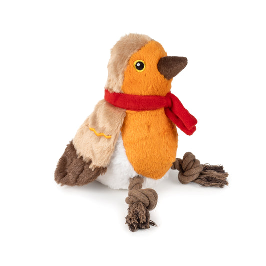 Plush toy resembling a bird with a red scarf on a white background