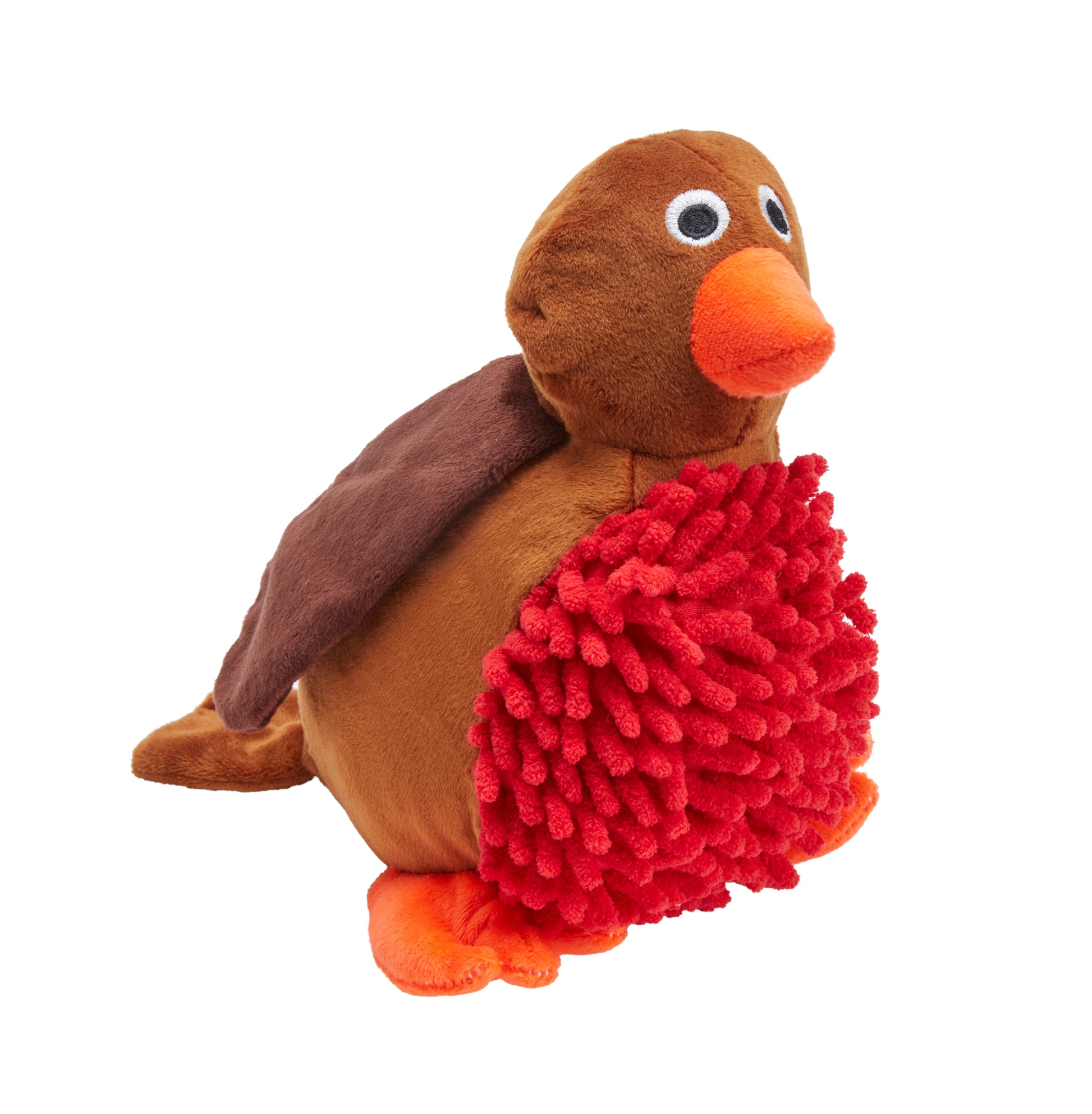 Plush toy resembling a bird with a red textured bottom on a white background