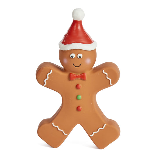 Gingerbread man decoration with a Santa hat on a white background