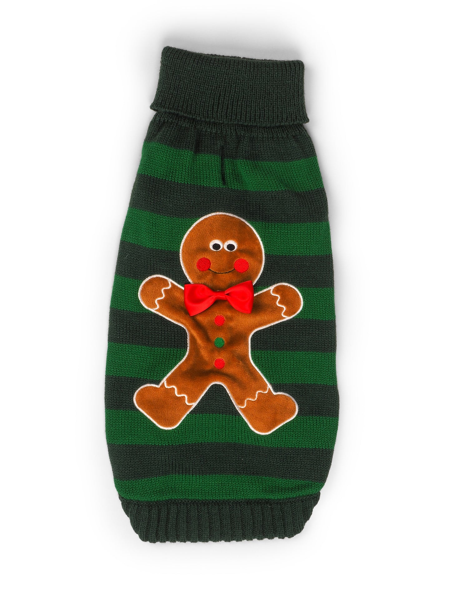 Green and black striped dog sweater with a gingerbread man design on a white background