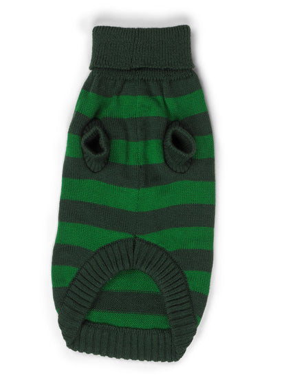 Green and black striped dog sweater on a white background