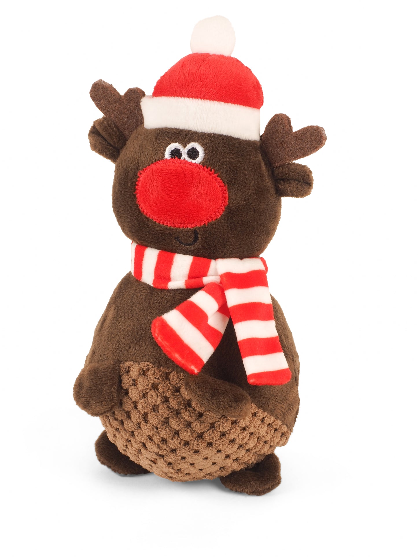 Plush reindeer toy with a red and white striped scarf and hat on a white background