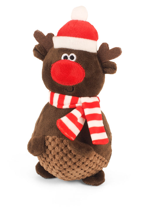 Plush reindeer toy with a red and white striped scarf and hat on a white background