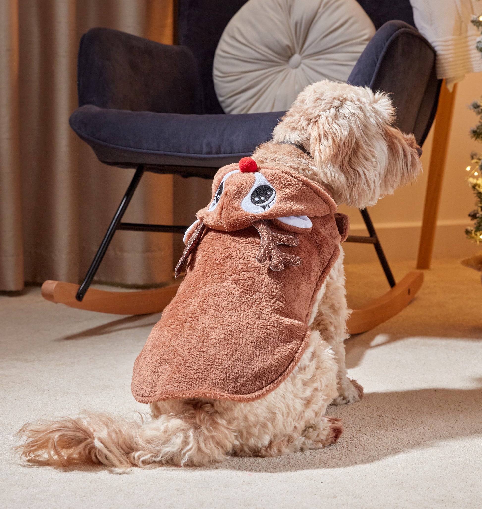 Dog wearing a brown reindeer costume sitting on a carpeted floor with a rocking chair in the background.