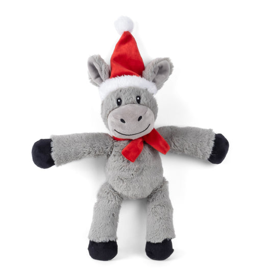 Plush donkey toy wearing a Santa hat and scarf on a white background