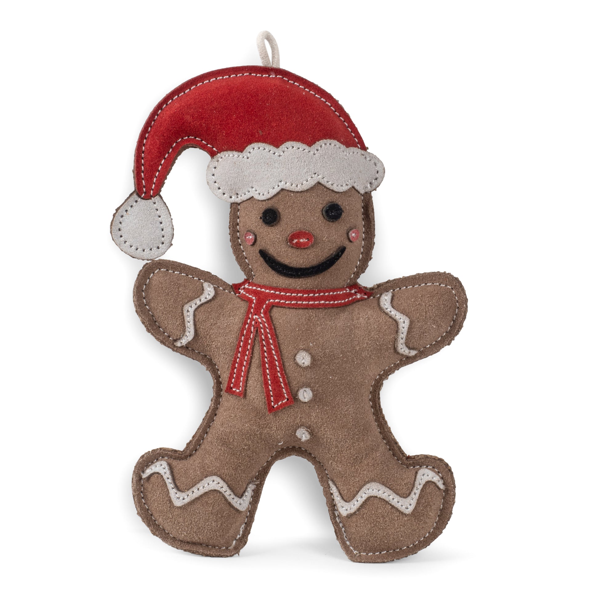 Felt gingerbread man ornament with a red hat and scarf on a white background