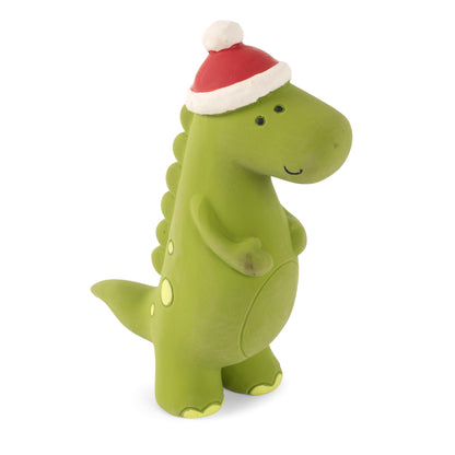 Green dinosaur toy with a Santa hat on a white background