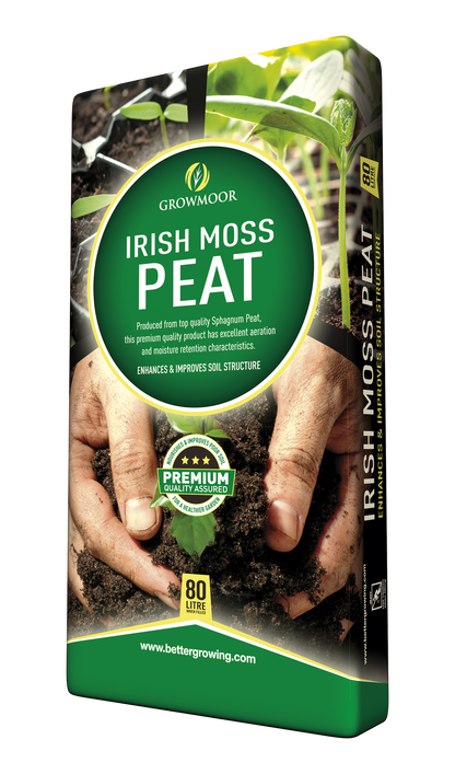 Growmoor Irish Moss Peat packaging with hands holding soil