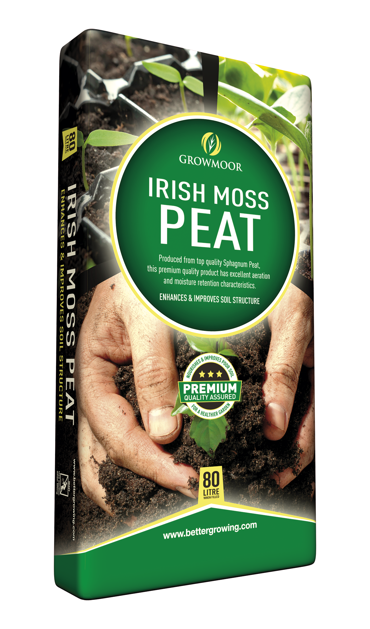Packaging of Irish Moss Peat with hands holding soil and a visible brand logo.