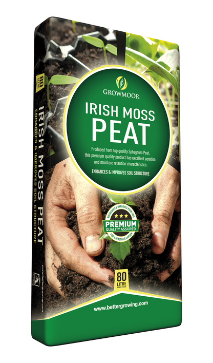 Packaging of Irish Moss Peat with hands holding soil and a visible brand logo.