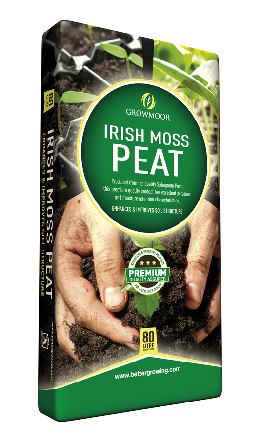 Packaging of Irish Moss Peat with hands holding soil and a visible brand logo.