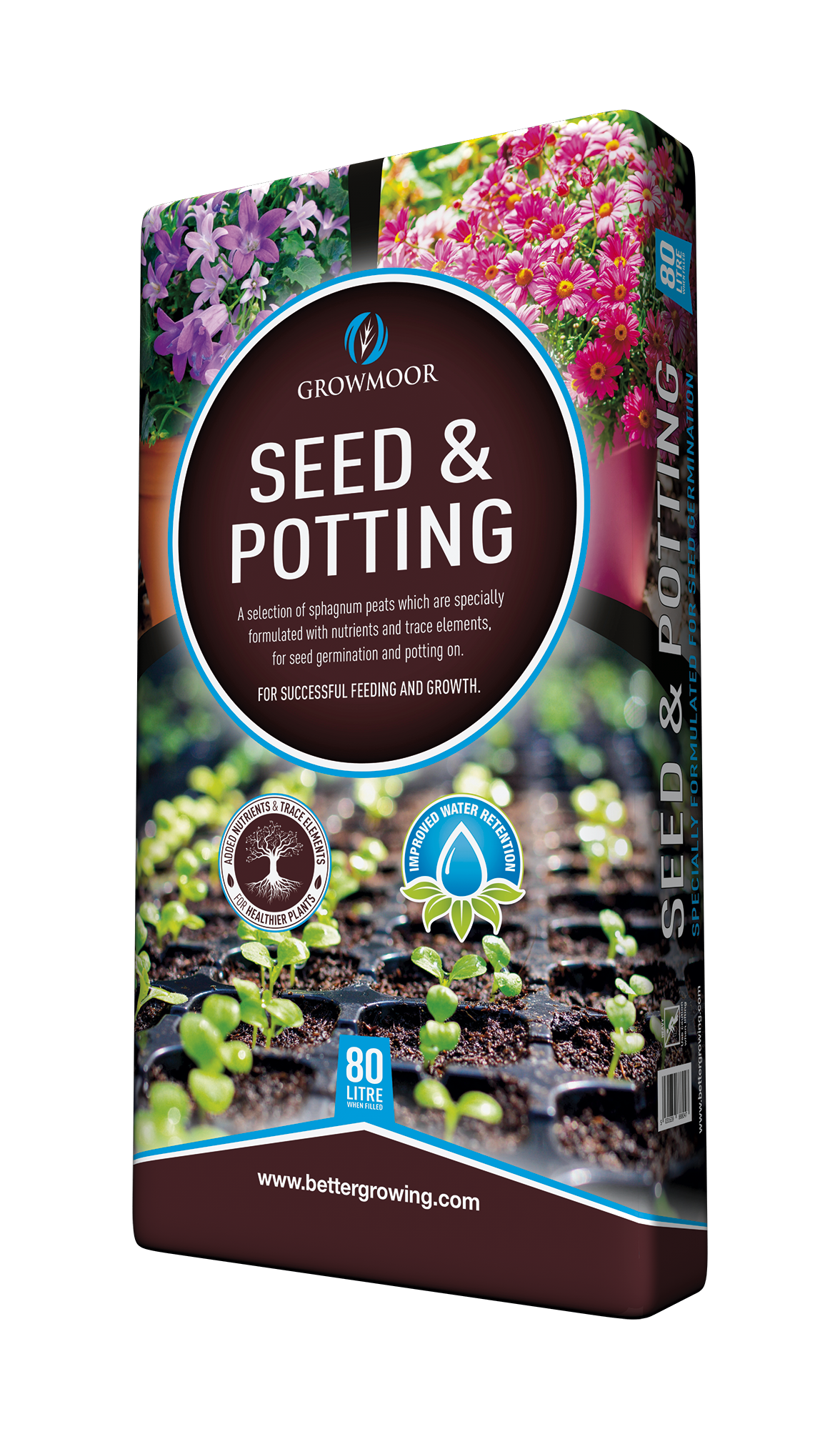 Growmoor seed and potting mix packaging with images of plants and text on a white background