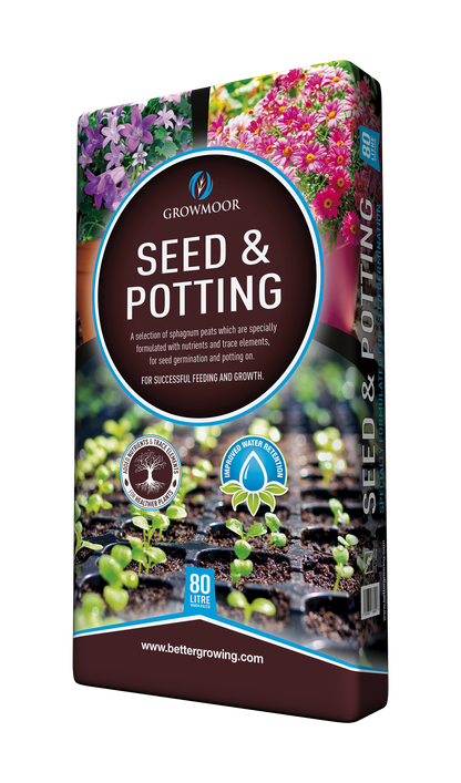 Growmoor seed and potting mix packaging with images of plants and text on a white background