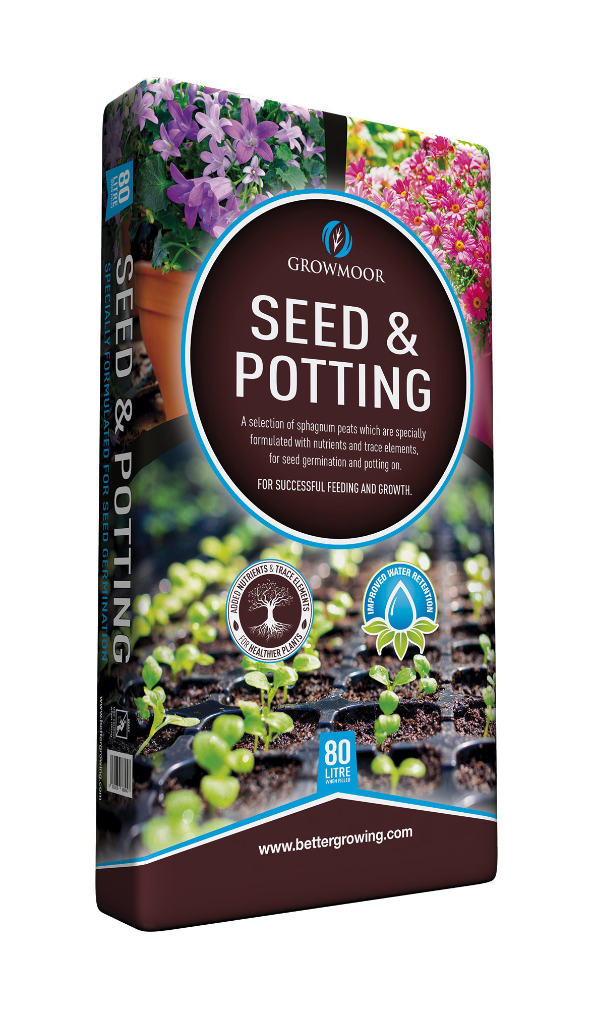 Growmoor seed and potting mix packaging with images of plants and text on a white background