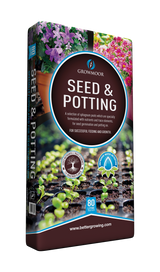 Growmoor seed and potting mix packaging with images of plants and text on a white background