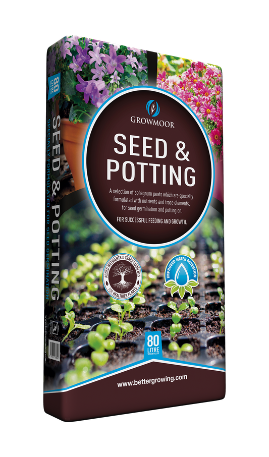 Growmoor seed and potting mix packaging with images of plants and text on a white background