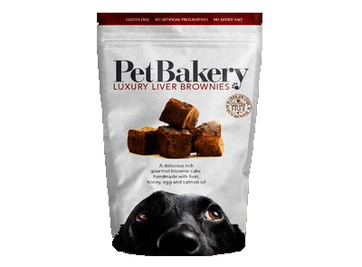 Bag of Pet Bakery Luxury Liver Brownies with a dog's face on the packaging.