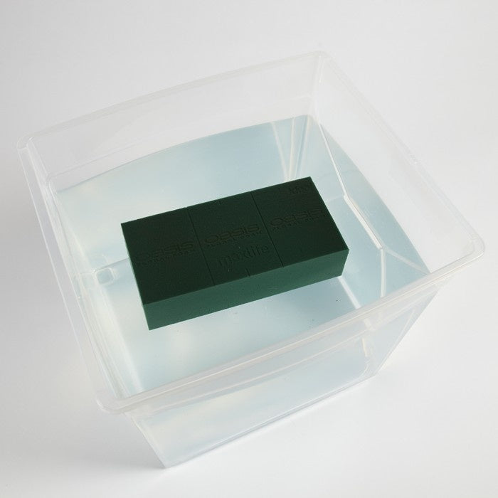 Clear plastic box with a green block inside on a white background