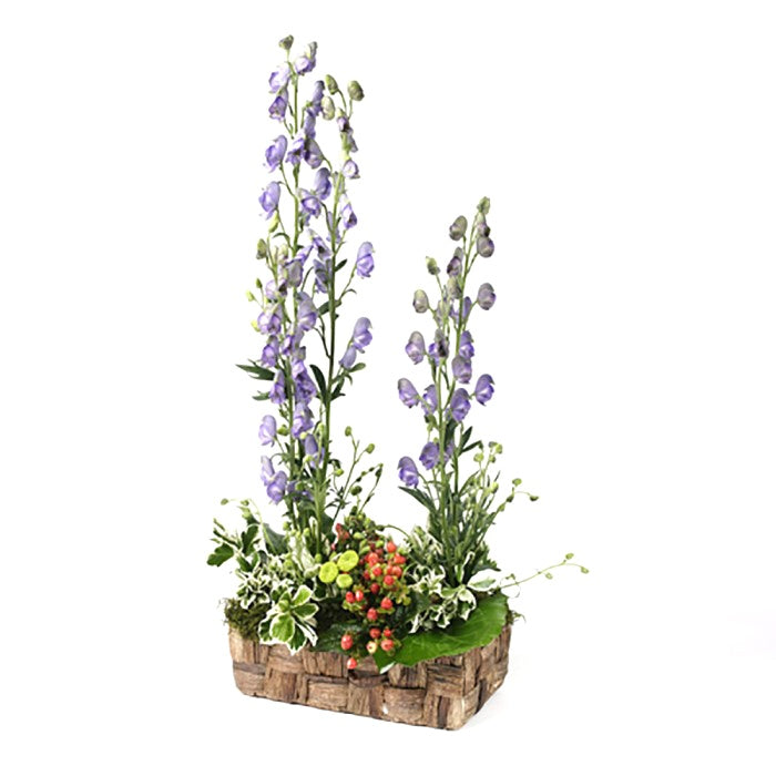Decorative flower arrangement in a woven basket on a white background